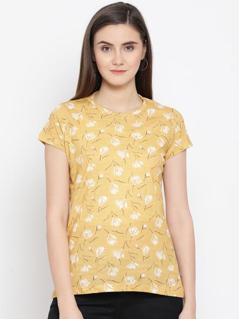Crimsoune Club Women Yellow & White Printed Slim Fit Round Neck T-shirt