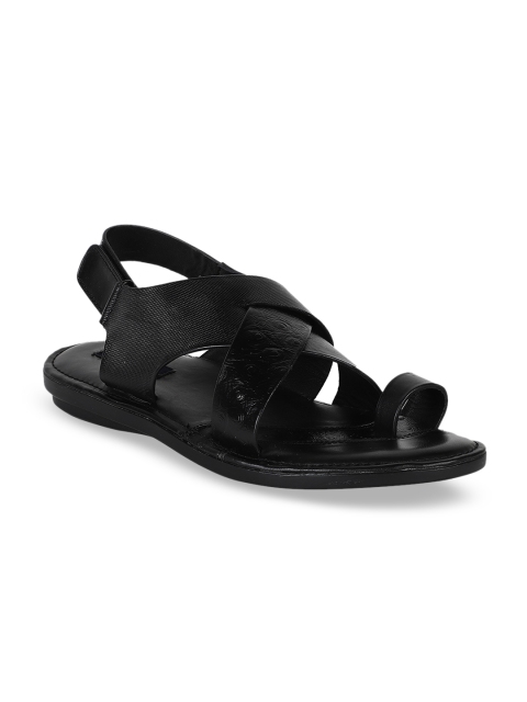 Egoss Men Black Textured Leather One Toe Comfort Sandals