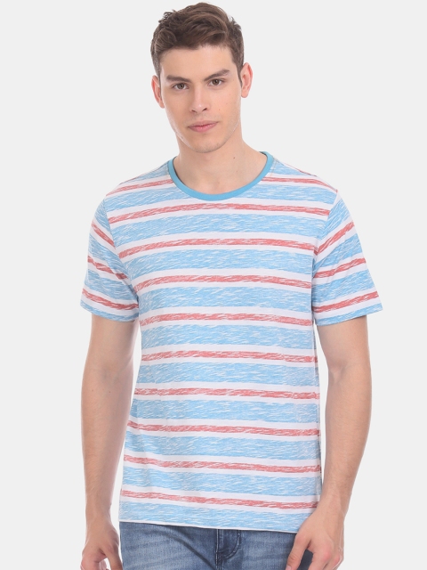 Cherokee Men Blue Striped Round Neck T-shirt