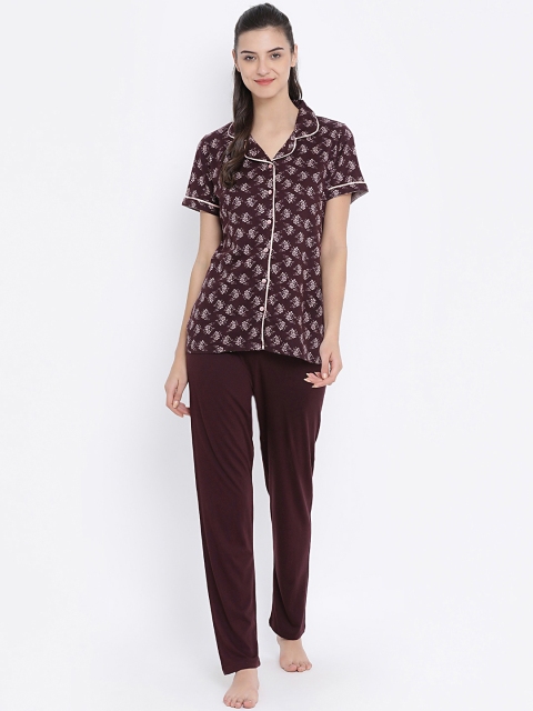 Kanvin Women Brown & Off-White Printed Night Suit