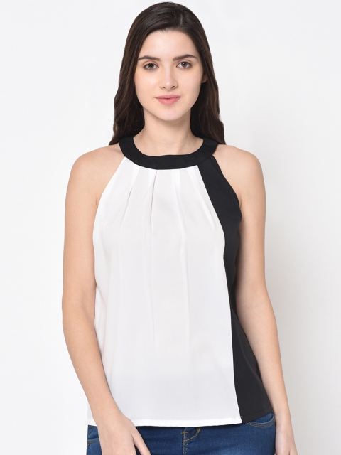 PHWOAR Women White & Black Colourblocked Top