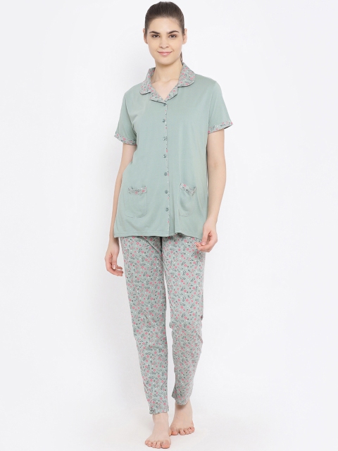Kanvin Women Sea Green & Pink Solid Night Suit