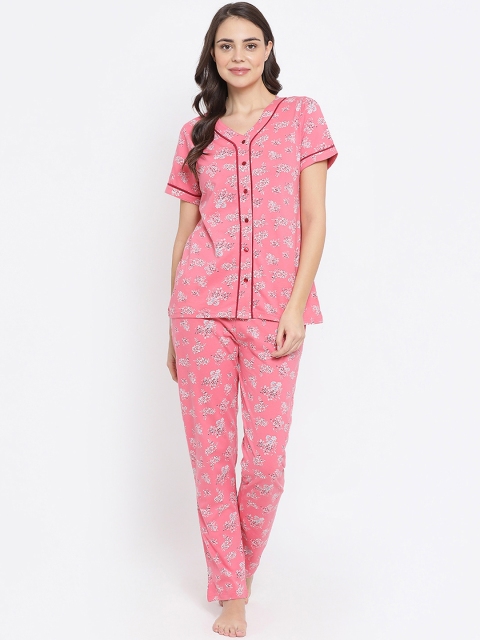 Kanvin Women Pink & Off-White Printed Night Suit