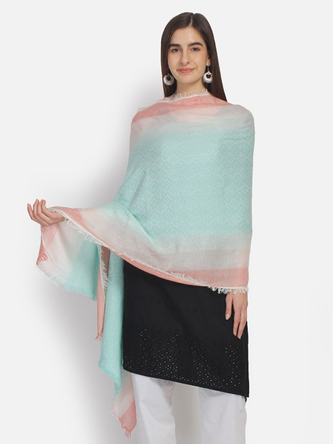 Anekaant Women Sea Green & Peach-Coloured Woven Design Blended Shawl