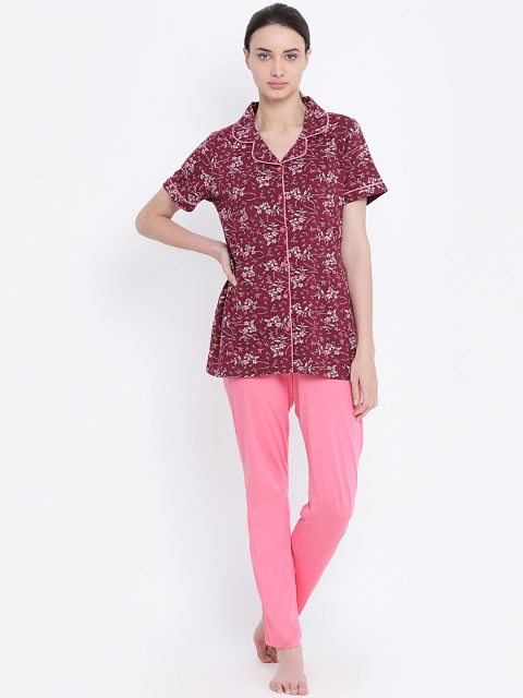 Kanvin Women Maroon & Pink Printed Night Suit
