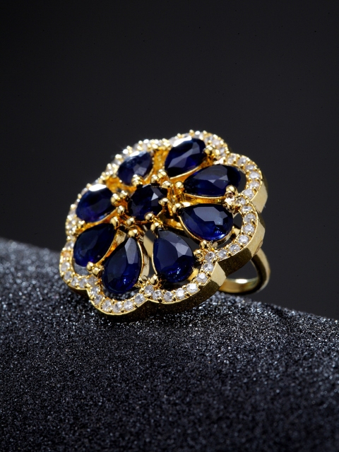 Bhana Fashion Gold-Plated White & Navy Blue American Diamond Studded Handcrafted Floral Finger Ring