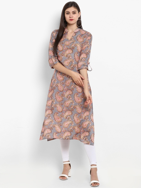 Fashion String Women Grey & Orange Printed Straight Kurta
