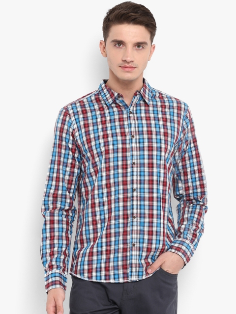 KVL Men Blue & Red Regular Fit Checked Casual Shirt