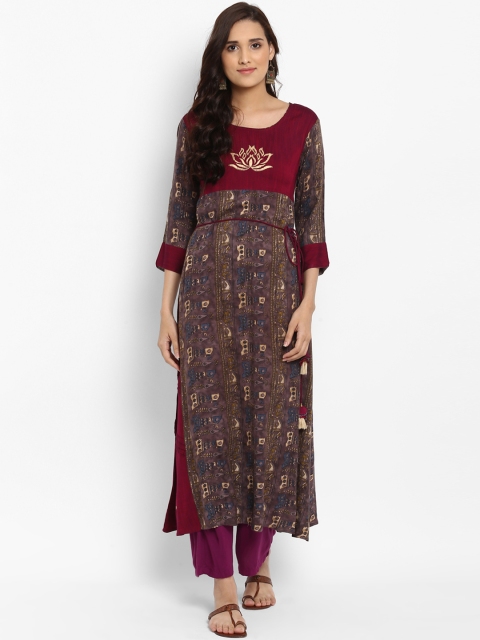aayusika Women Maroon & Brown Printed A-Line Kurta