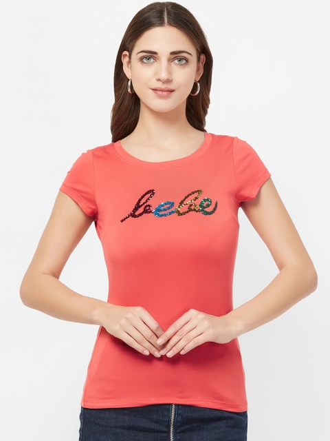 bebe Women Coral Red Sequin Embellished Round Neck T-shirt