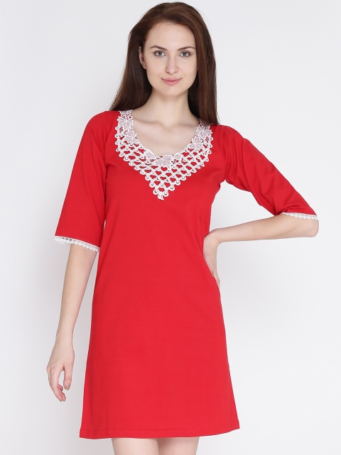 Claura Red Solid Nightdress Cot-86-SN