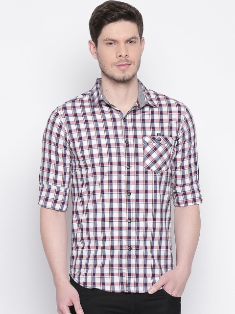 Mufti Men White & Pink Slim Fit Checked Casual Shirt