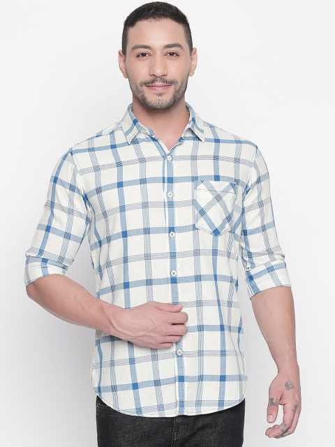 Mufti Men White & Blue Slim Fit Checked Casual Shirt