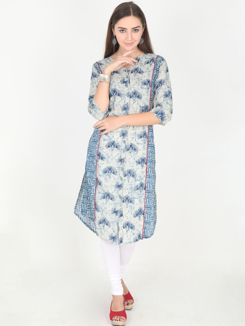 Rasada Women White & Blue Printed A-Line Kurta
