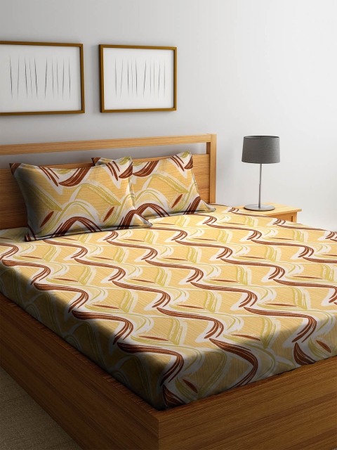 Cortina Brown & White Abstract 120 TC Cotton 1 Queen Bedsheet with 2 Pillow Covers