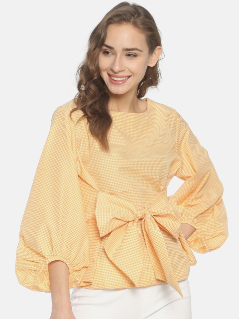 ISU Women Yellow Checked Volume Sleeves Top