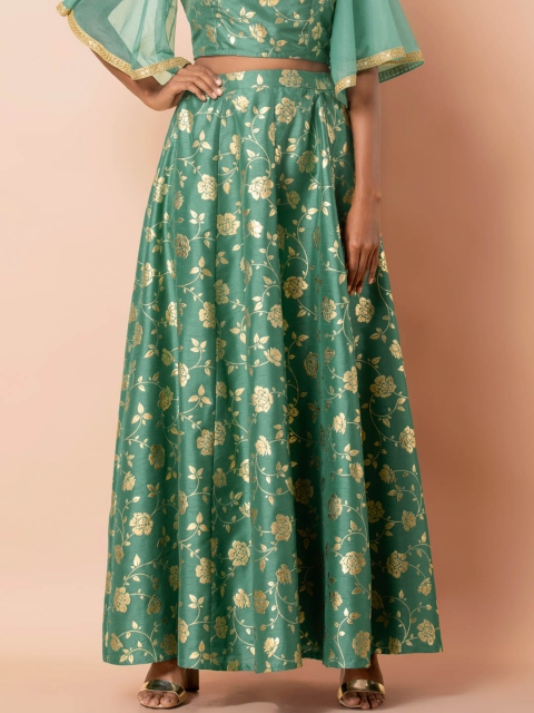 INDYA Women Green Printed Jade Rose Foil Maxi Skirt