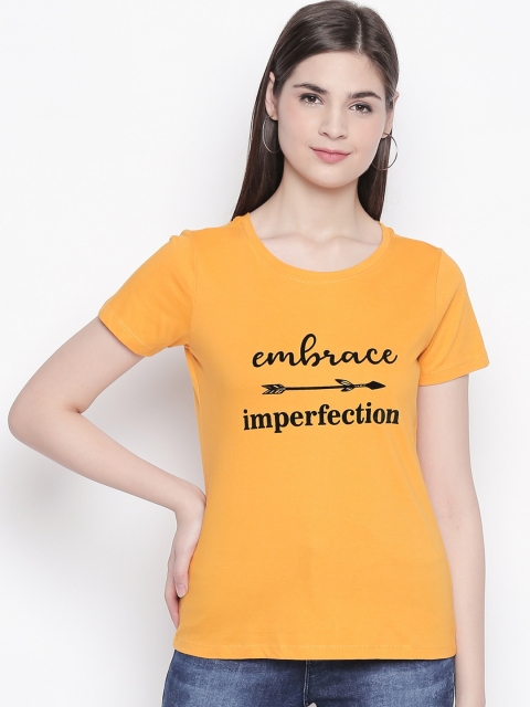 Honey by Pantaloons Women Yellow Black Printed Round Neck Pure Cotton T-shirt