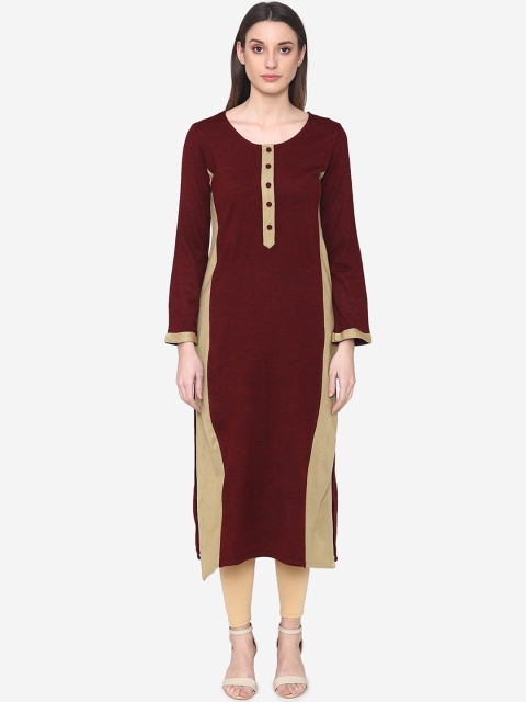 Laabha Women Maroon & Beige Colourblocked Straight Kurta