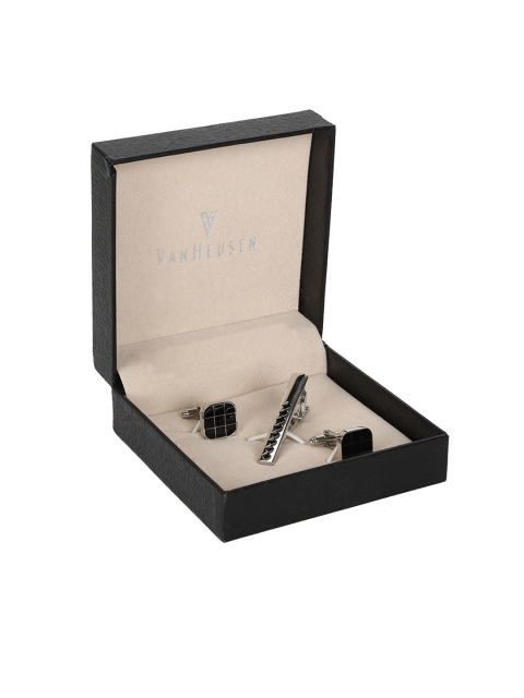 Van Heusen Men Silver-Toned & Black Rhodium-Plated Checked Accessory Gift Set