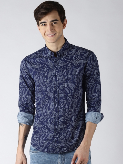 Blue Saint Men Navy Blue & White Slim Fit Printed Casual Shirt