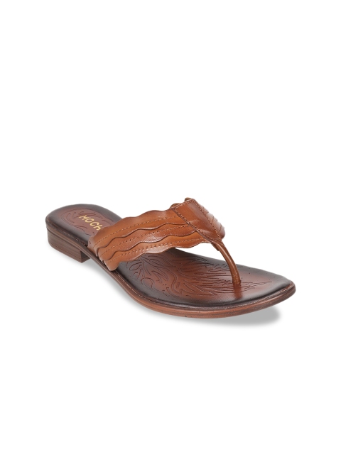 Mochi Women Tan Brown Solid Leather Open Toe Flats