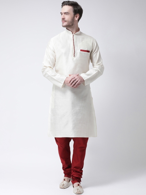SG LEMAN Men Cream-Coloured & Red Self Design Kurta with Pyjamas