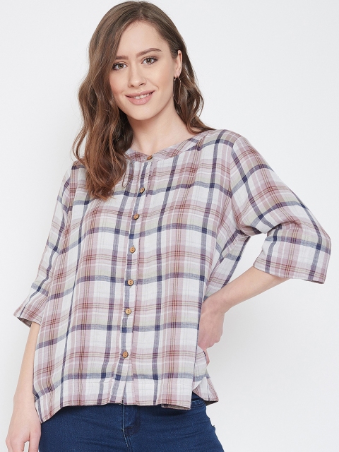 Ruhaans Women Grey & Brown Regular Fit Checked Casual Shirt