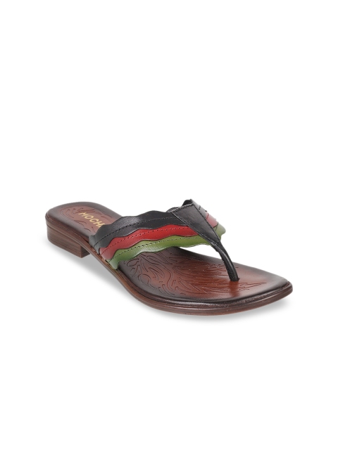Mochi Women Black & Red Solid Leather Open Toe Flats