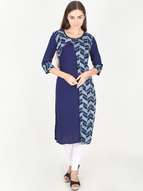 Rasada Women Navy Blue Printed Straight Kurta