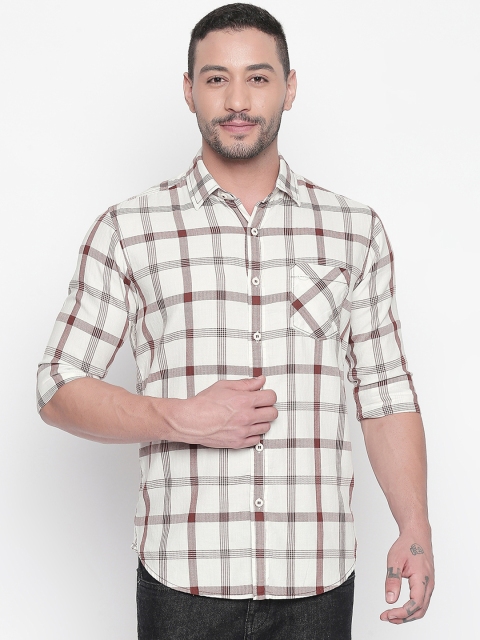 Mufti Men White & Brown Slim Fit Checked Casual Shirt