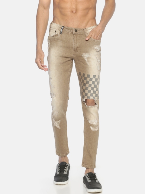 IMPACKT Men Brown & Beige Slim Fit Mid-Rise Highly Distressed Jeans