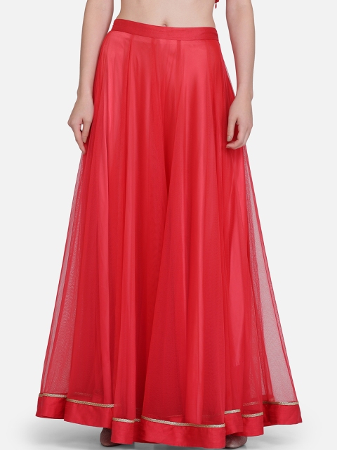 Ojjasvi Women Red Solid Net Flared Maxi Skirt