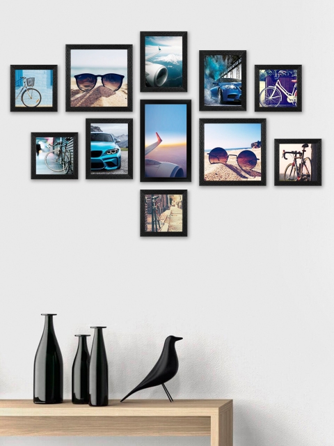 SWADESI STUFF Set Of 11 Black Textured Individual Wall Photo Frames