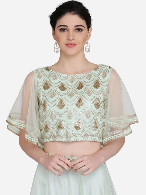 Ojjasvi Women Sea Green Embellished Ethnic Crop Top