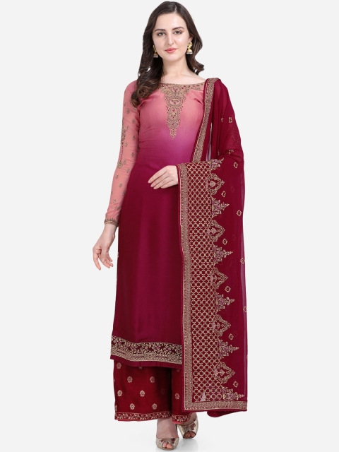 Stylee LIFESTYLE Maroon & Peach-Coloured Satin Semi-Stitched Dress Material
