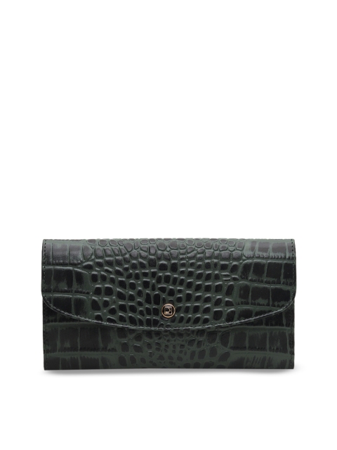 Da Milano Women Green Croc Skin Textured Leather Two Fold Wallet