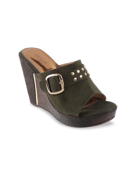 Metro Women Green Solid Mules