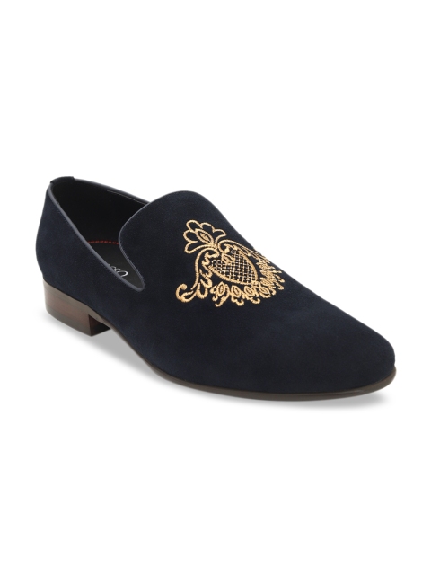 ROSSO BRUNELLO Men Navy Blue & Gold-Toned Woven Design Leather Loafers