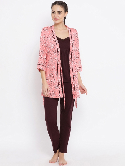 Kanvin Women Brown & Pink Solid Night Suit With Shrug