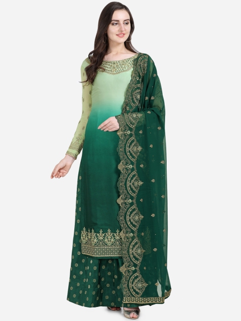 Stylee LIFESTYLE Green & Gold-Toned Satin Semi-Stitched Dress Material