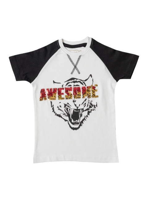 Kid Studio Boys White Printed Round Neck T-shirt