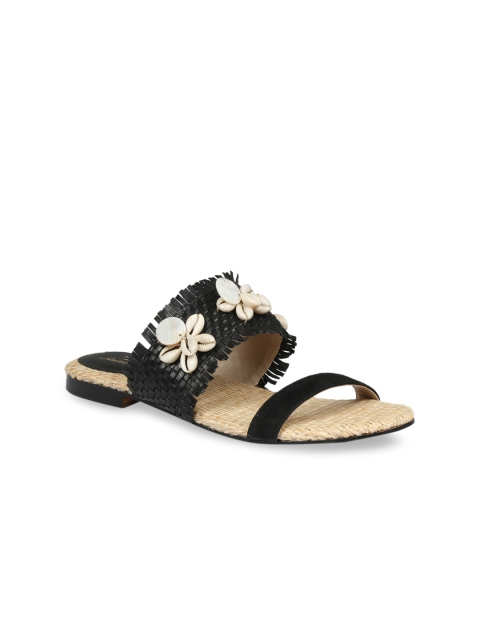 Saint G Women Black Woven Design Leather Open Toe Flats