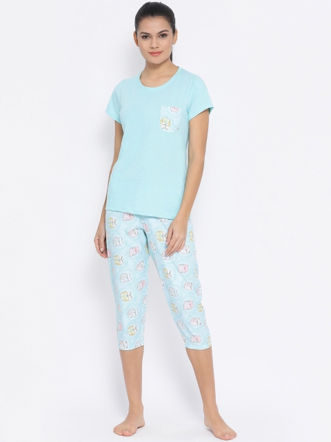 Kanvin Women Turquoise Blue & Off-White Solid Night Suit