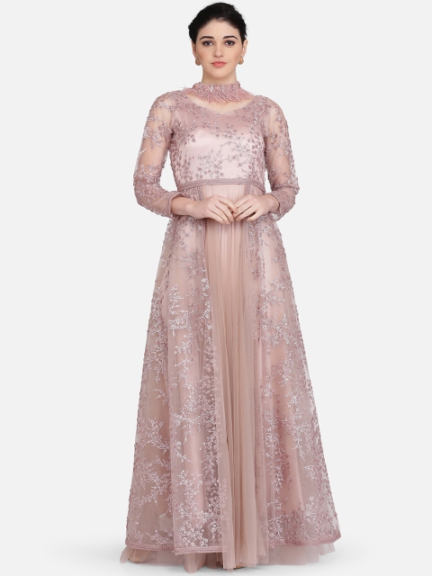 Ojjasvi Women Pink Printed Maxi Dress with a Neck Piece