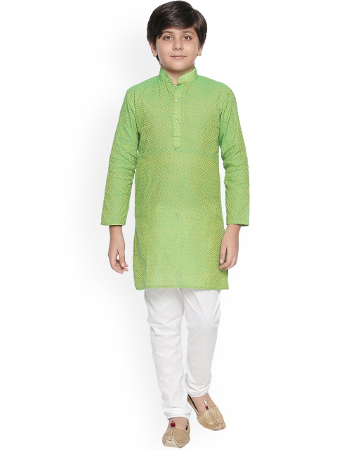 Jeetethnics Boys Green & White Self Design Kurta with Pyjamas