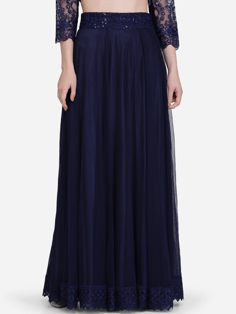 Ojjasvi Women Navy Blue Solid Net Flared Maxi Skirt