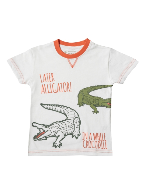 Kid Studio Boys White Printed Round Neck T-shirt