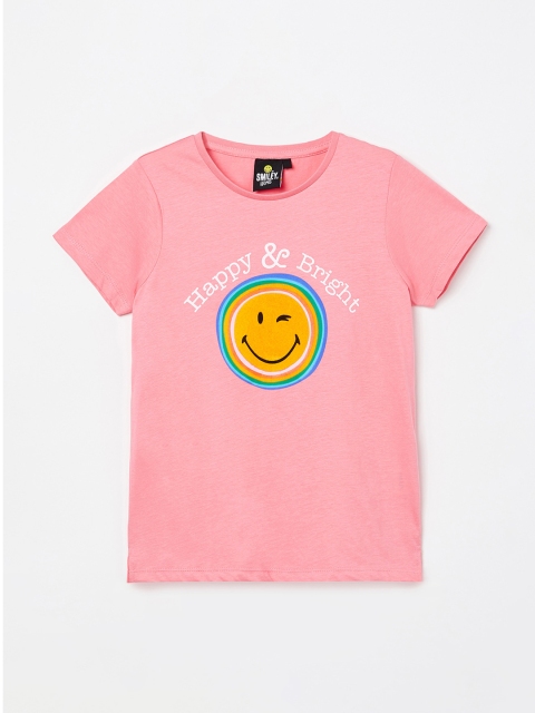 Smiley World Girls Pink Printed Knitted Pure Cotton Top