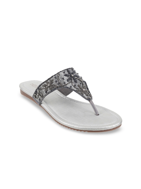 Metro Women Grey Embellished T-Strap Flats